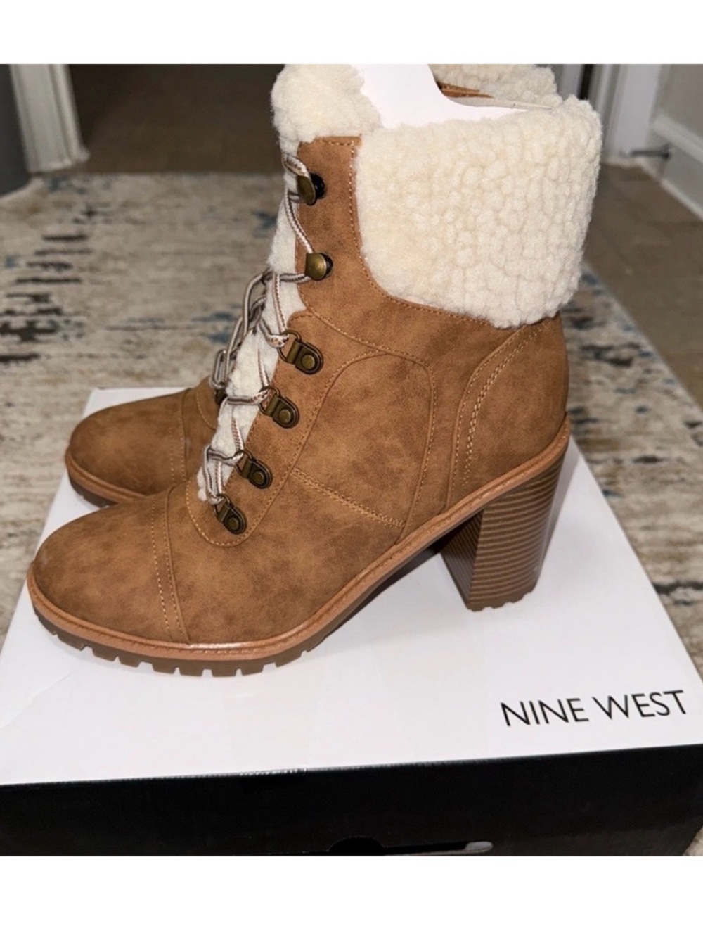 Nine West Brown Lace-Up Faux Suede Sherpa Boots - Picture 5 of 9